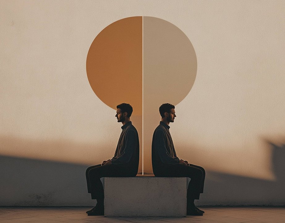 Two copies of the same person sitting back to back with themselves, an abstract back to back image also shown in the background.